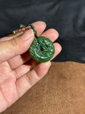 Handcarved Magpie & Peony Green Jade Ping An Kou Necklace